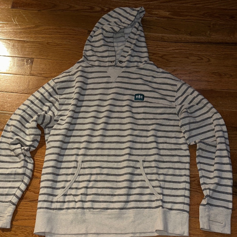 Striped Hooded Pullover Sweatshirt - Light Gray & Navy